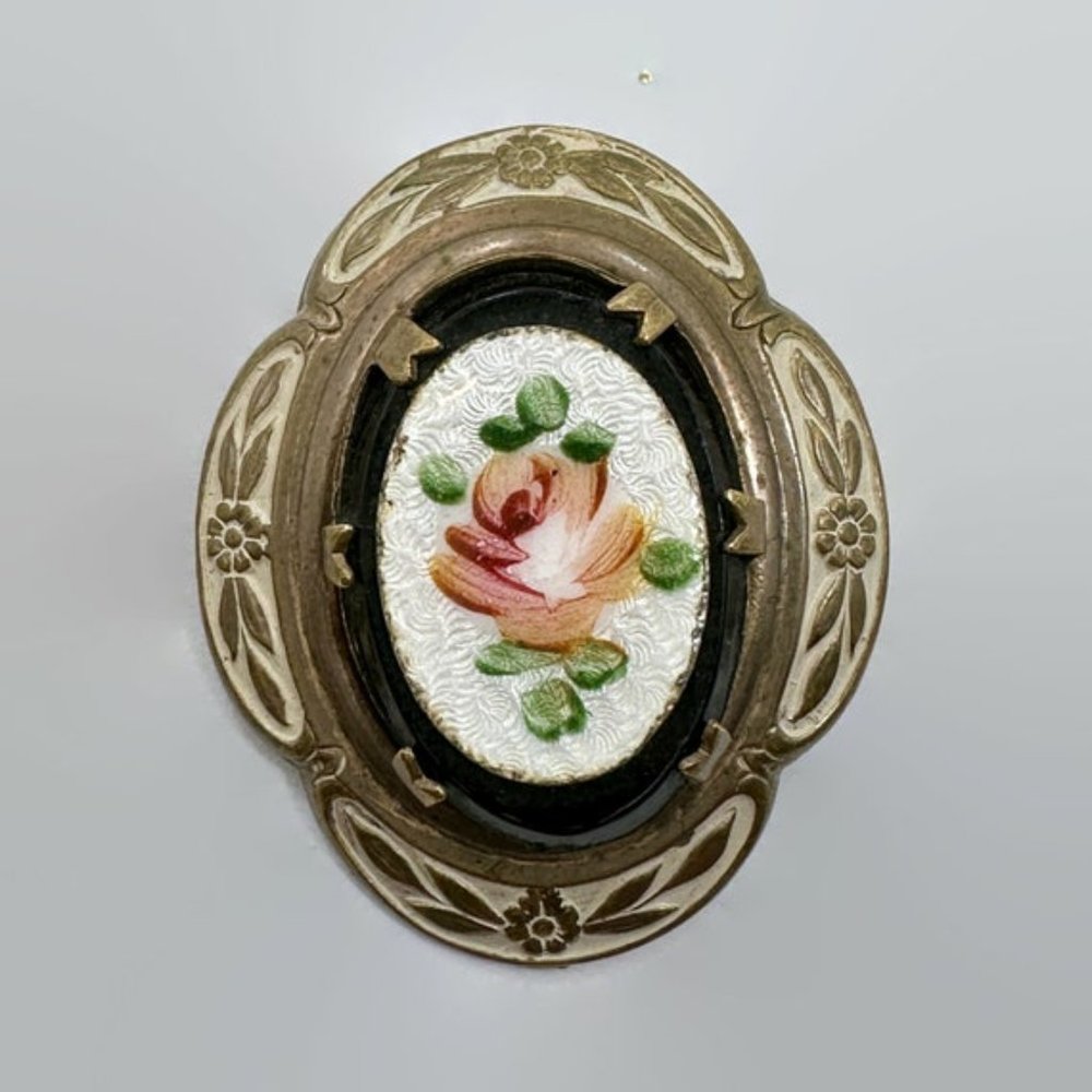 Rose Brooch, Guilloche, Enamel, Vintage Pin, Pink, Gold, Black, Green, Flower - Picture 2 of 3